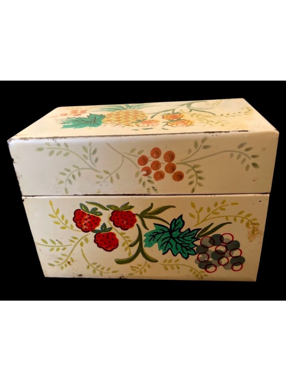 Vintage Metal Recipe Box With Fruit & Floral Design 1970s Includes Handwritten R
